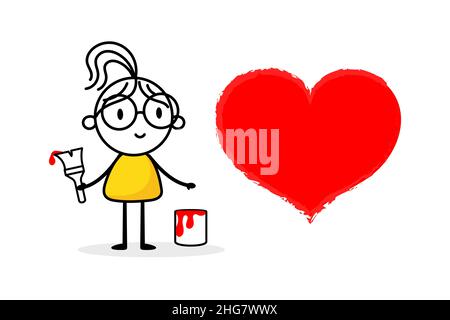 Woman draw red heart isolated on white background. Hand drawn doodle line art female. Concept of love. Vector stock illustration. Stock Vector