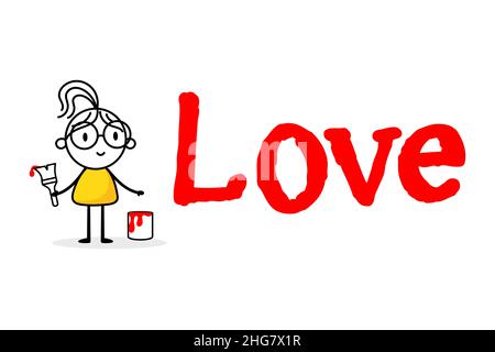 Woman draw red word love isolated on white background. Hand drawn doodle line art female. Concept of love. Vector stock illustration. Stock Vector
