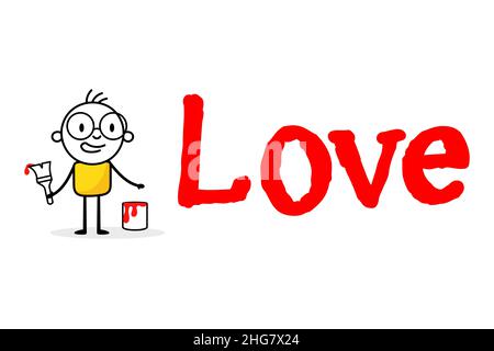 Man draw red word love isolated on white background. Hand drawn doodle line art man. Concept of love. Vector stock illustration. Stock Vector