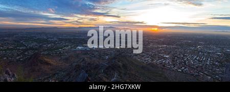 Panoramic Aerial Landscape View Sun Setting Horizon Metropolitan City Phoenix Arizona. Piestewa Mountain Peak Top Sonoran Natural Preserve Hiking Stock Photo