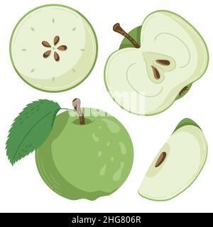 A set of apple fruit drawn in a flat style, slices and halves of fruit, leaves and bones. A set of stickers in pastel colours Stock Vector