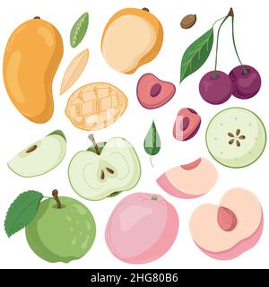 A set of fruits drawn in a flat style, slices and halves of fruit, leaves and bones. A set of stickers in pastel colours Stock Vector