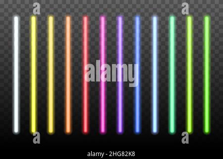 Neon light sticks set on transparent background. Blue, white, yellow, orange, green, pink, red led lines glowing vector illustration. Electric color p Stock Vector