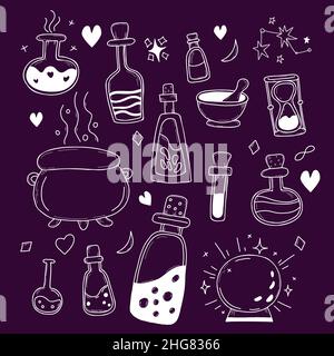 Vector set of witchcraft. witchs items are bottles with potions and love spells, magic ball and witchs cauldron, an hourglass and mortar Stock Vector