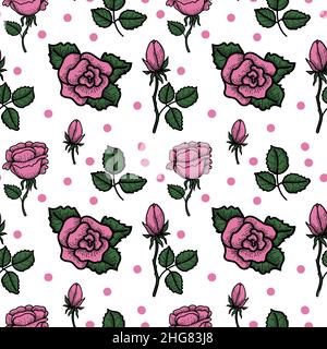 Seamless hand-drawn rose pattern in doodle style. Pink roses and peas. Valentine's Day. Vector image of pink roses on white background. Stock Vector