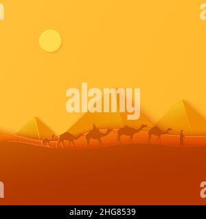 Traditional caravan walking throw egyptian desert in papercut style. Cutout craft background panorama of ancient pyramids. Vector abstract paper cut Stock Vector