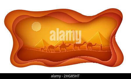 Traditional caravan walking throw egyptian desert in papercut style. Cutout wavy craft frame with panorama pyramid wildlife. Vector abstract paper cut Stock Vector