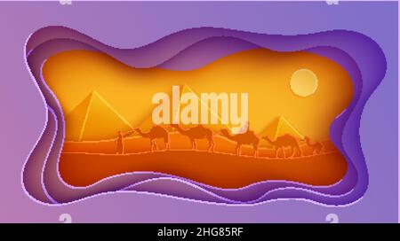 Traditional caravan walking throw egyptian desert in papercut style. Cutout wavy craft frame with panorama pyramid wildlife. Vector abstract paper cut Stock Vector