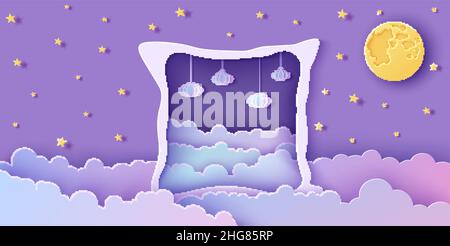 Night sky clouds frame like pillow in paper cut style. Cut out 3d background with violet and blue gradient cloudy landscape with gold stars and full Stock Vector