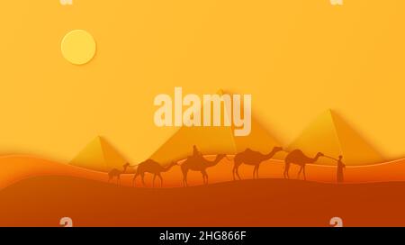 Traditional caravan walking throw egyptian desert in papercut style. Cutout craft background panorama of ancient pyramids. Vector abstract paper cut Stock Vector