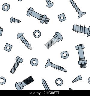 Hand drawn bolts, screws and nuts. Seamless pattern of fasteners in doodle style. Hand drawn building material. Children drawing. Vector illustration Stock Vector