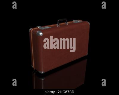 3D- rendering. A vintage brown leather suitcase stands on a black glossy surface. Stock Photo