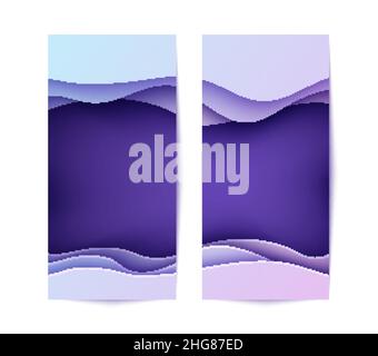 Set of banners with wave in paper cut style. Two 3d abstract flyers purple violet and blue gradient color. Layered deep papercut background with wavy Stock Vector
