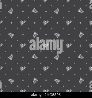 Cute seamless pattern with hand drawn white hearts and circles on gray background. Festive decoration for Valentine Day, print with chalk lines on slate board. Vector flat illustration Stock Vector