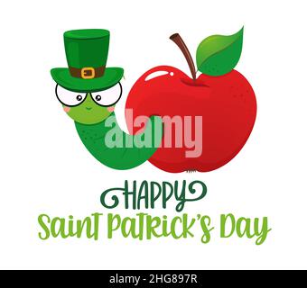 Happy Saint Patrick's Day, cute worm in apple . At doodle leprechaun. Adorable poster for Paddy party, good for t shirts, gifts, mugs or other print d Stock Vector