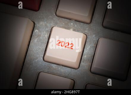2022 button on an vintage keyboard, selective focussed Stock Photo