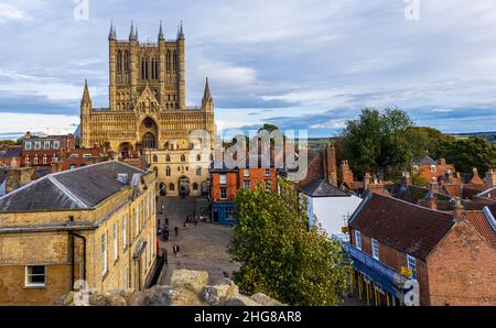 Lincolnshire is one of the most popular cities in the United Kingdom. Here a view from Lincoln Castle looking across the city just before sunset, on a Stock Photo