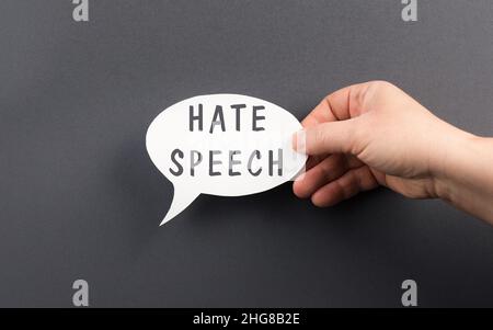 The words hate speech are standing on a speech bubble, political correctness, racism, defamation Stock Photo