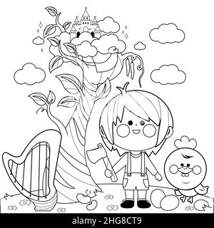 Jack and the magic beanstalk. Black and white coloring page. Stock Photo
