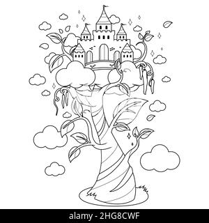 Magic beanstalk and a castle. Black and white coloring page. Stock Photo