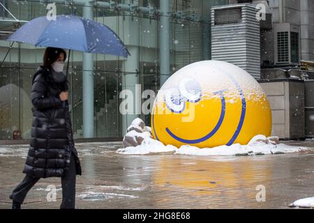 Seoul, South Korea. 19th Jan, 2022. A person walks in the snow in Seoul, South Korea, Jan. 19, 2022. Credit: Wang Yiliang/Xinhua/Alamy Live News Stock Photo
