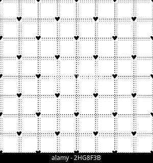 Seamless black and white pattern with hand drawn hearts, dots and cells. Festive decoration for Valentine Day. Cute simple line print. Vector flat illustration for wrapping paper, textile and design Stock Vector