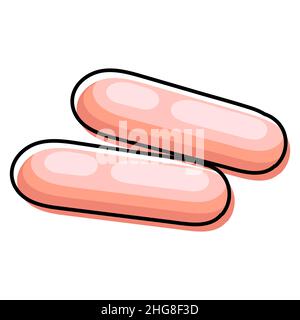 Two pink sausages on white background. Simplified, outline color filled vector illustration, isolated Stock Vector