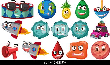 Set of different toy objects with smiley faces illustration Stock Vector