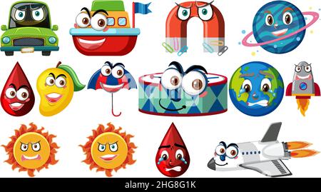 Set of different toy objects with smiley faces illustration Stock Vector
