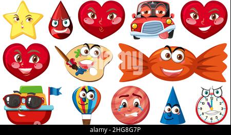 Set of different toy objects with smiley faces illustration Stock Vector
