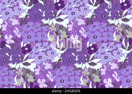 Vector floral seamless pattern. Purple, mauve, olive and white flowers and leaves on a purple background.  Stock Vector