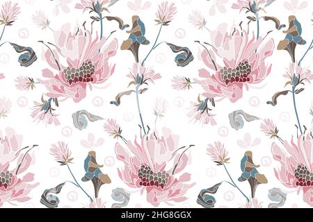 Vector floral seamless pattern. Design with delicate white-pink flowers on a white background. Stock Vector