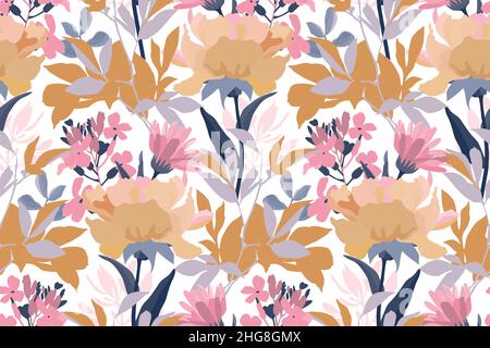 Vector floral seamless pattern. Design in pastel colors with delicate pink and sand-colored flowers. Stock Vector
