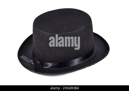 Single black felt top hat on white background Stock Photo