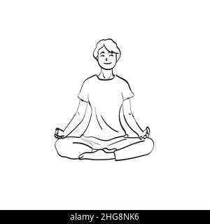 woman practices yoga and meditates in the lotus position illustration vector hand drawn isolated on white background line art. Stock Vector