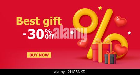 Valentines day sale poster with big 3d yellow percent sign andred and black gift boxes with volume hearts Stock Vector