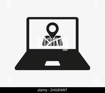 Laptop with map vector icon on white background. Stock Vector