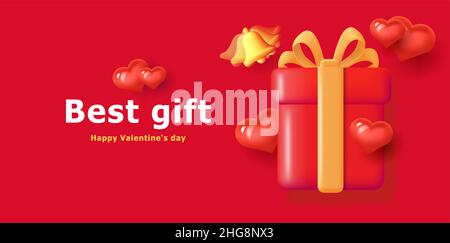 Best Valentine gift banner with 3d gift box illustration with volume hearts and ringing bell Stock Vector