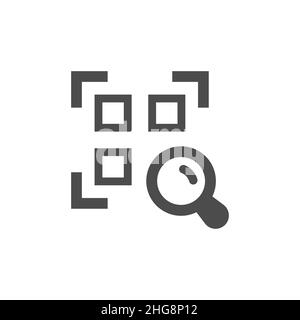 Qr code and magnifying glass black icon. Search info filled vector symbol. Stock Vector