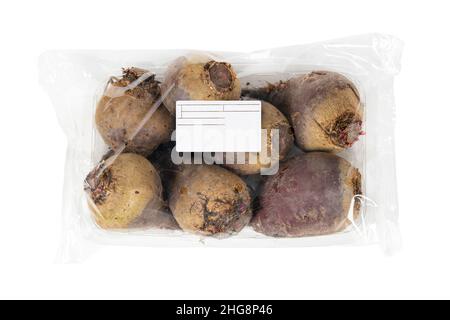 Freshly harvested root beetroot packed and labeled on isolated white background Stock Photo