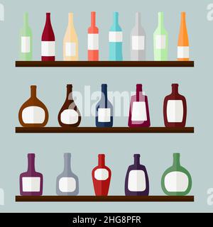 Set of alcohol drinks on the shelves, vector illustration Stock Vector