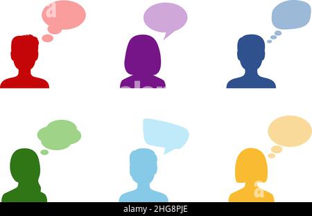 Set of silhouettes of people with speech bubbles, vector illustration Stock Vector