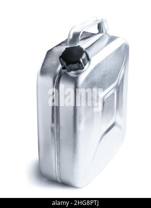 aluminium  jerry can with black plastic cap isolated on white background Stock Photo