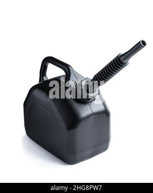 black  plastic fuel can with pouring flexible spout for petrol isolated on white Stock Photo
