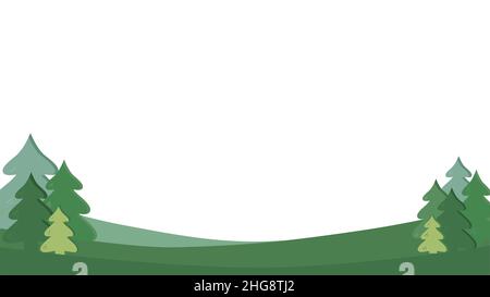 Simple green spring background with firs and place for text. Horizontal frame, kids style. Vector backdrop template. Stock Vector