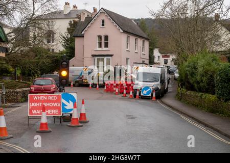 BT British Telecom Openreach traffic control at roadworks during work in Salcombe Rd, Sidmouth, Devon Stock Photo