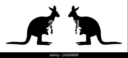 Mama kangaroo with baby in her pocket. Australian animals silhouette illustration. Stock Photo