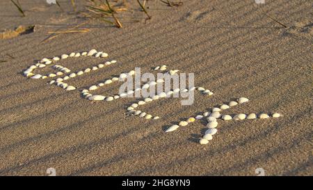 with shells laid symbol happiness on the beach of the Baltic Sea in the sand. Wishes for the vacation and life. Stock Photo