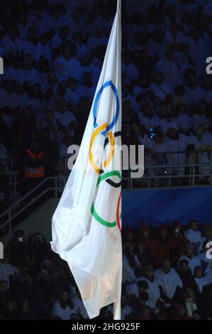 Turin Italy 26-02-2006: Turin 2006 Olympic Winter Games, closing ceremony of the Olympic Games,the Olympic flag Stock Photo