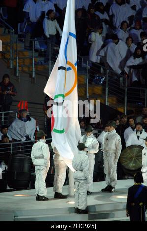 Turin Italy 26-02-2006: Turin 2006 Olympic Winter Games, closing ceremony of the Olympic Games,the Olympic flag Stock Photo